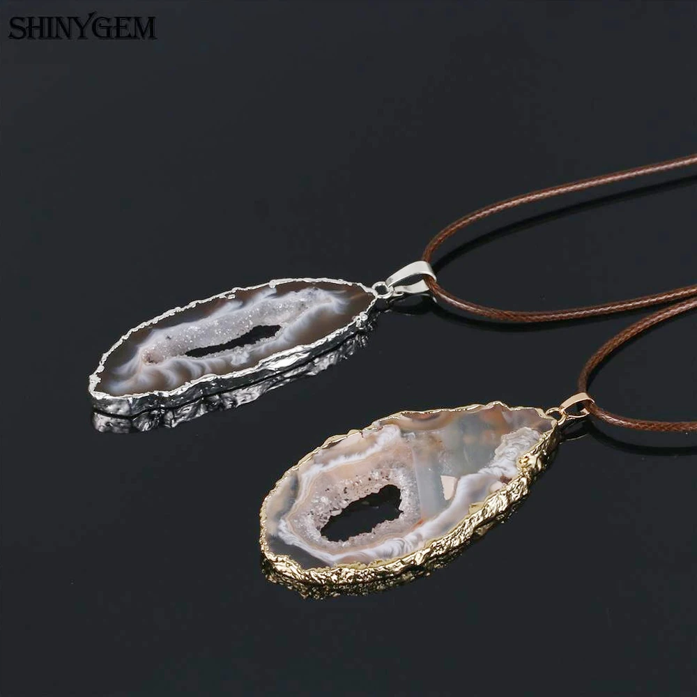 

ShinyGem Gold/Silver Color Irregular Brown White Brazil Agates Slice Pendant Necklace Handmade Coffee Leather Necklace For Women