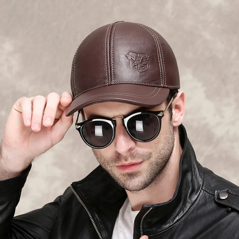 Male Genuine Leather 56-60CM Black/Brown Baseball Caps Eagle Print For Man Casual Street Gf Gorras Dad Hat