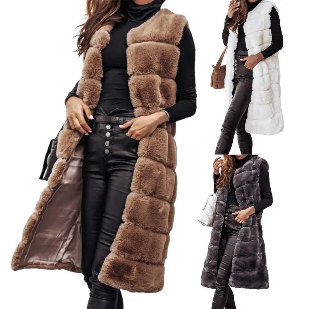 2021 Women Vest Coat Faux Fur Horizontal Stripe Open Stitch Long Winter Jacket Sleeveless Solid Round Neck Thick Outerwear Daily