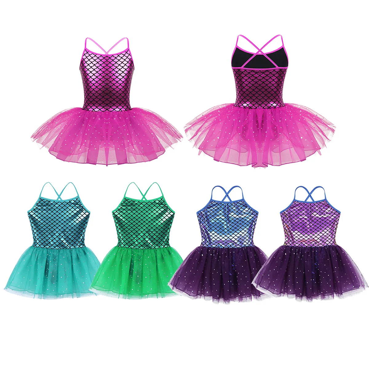 Kids Girls Leotard Ballerina Glitter Mermaid Costume Dancewear Spaghetti Fish Scales Printed Ballet Dancing Gymnastics Dress