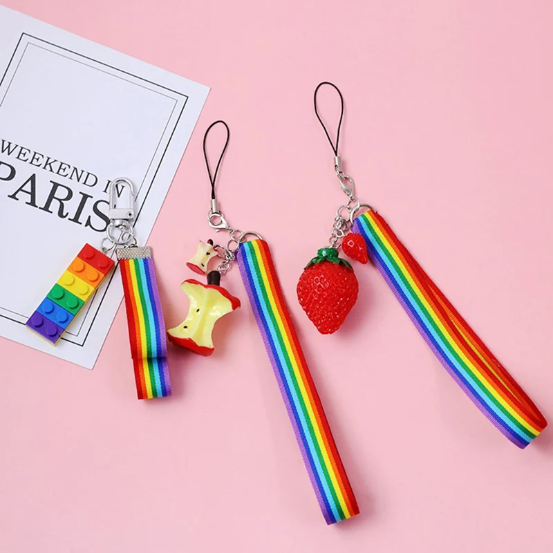 Rainbow Apple Strawberry Building Block Key Chain LGBT Gay Lesbian Collar Punk Accessories Women and Men Pride Keyring Gifts