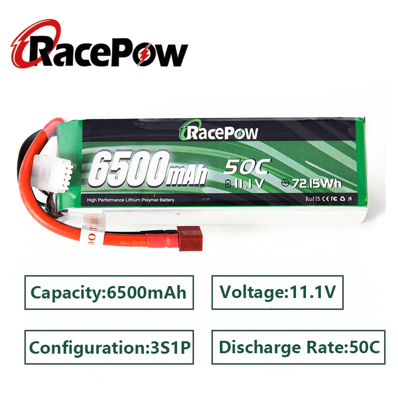 

RacePow 6500mAh 3S 11.1V 50C RC Lipo Battery with T Deans Plug for Traxxas RC Car truck Tank Airplane Drones Helicopter RC toys