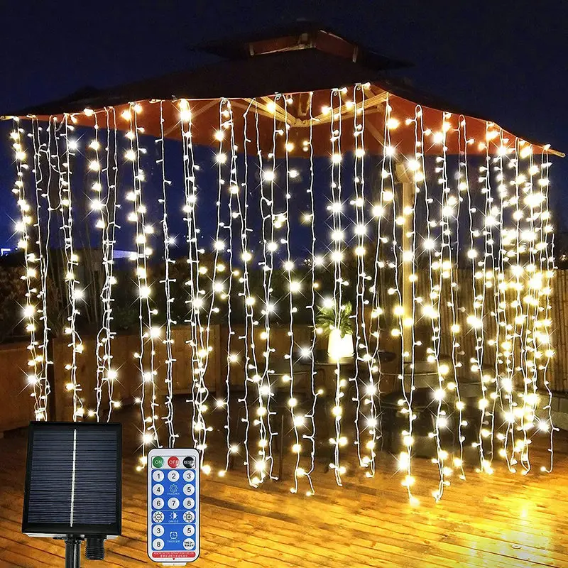 

3m(W)*3m(H) Solar Curtain Light 300LEDs Remote Controlled Waterproof Waterfall Fairy String Lights f/Patio Garden Party Wedding