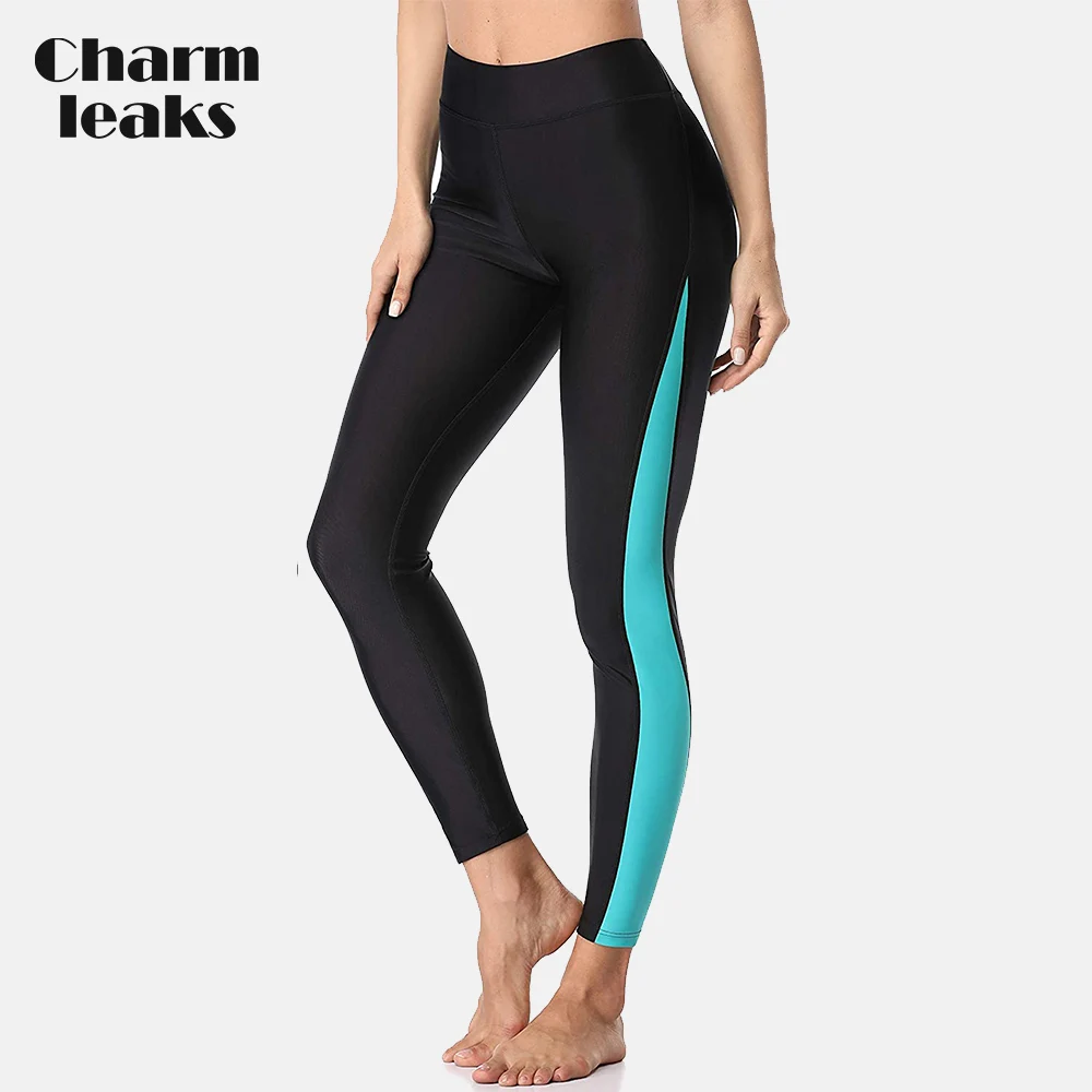 Charmleaks Women's Swimming Pants Color Block UPF 50+ Rash Guard Pants High Rise Swim Leggings