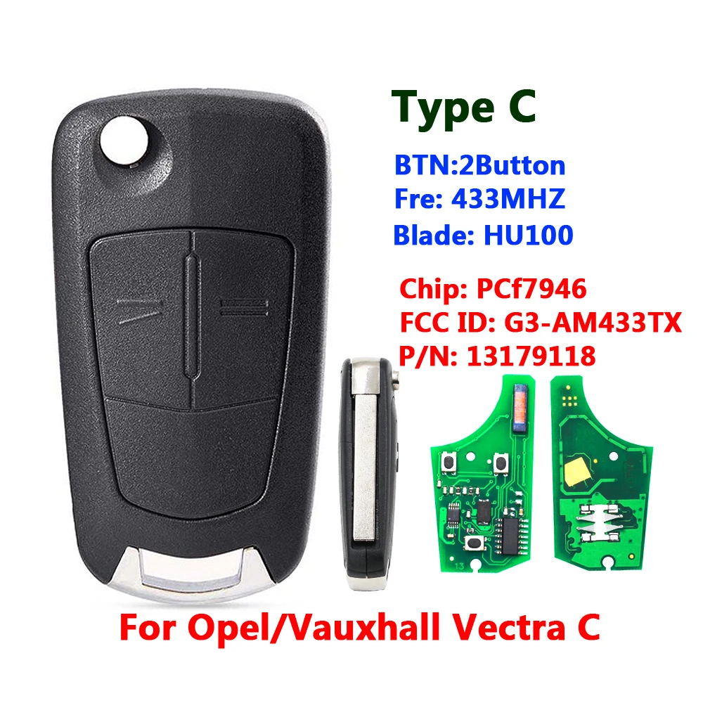 XNRKEY 2 Button Flip Remote Car Key 433MHz ID46 PCF7946 chip Suit for Opel Vauxhall Signium--2005 - 2007 Vectra C--2006 - 2008