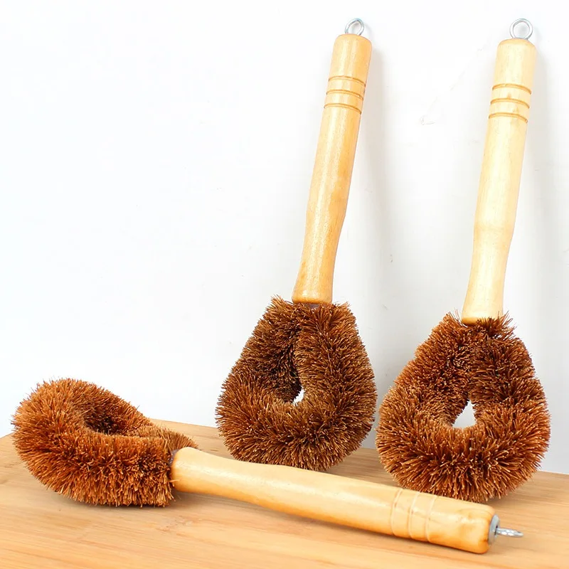 Coconut Fiber Pot Brush Non-stick Oil Washing Brush Pot Long Wood Handle Cleaning Brush Kitchen Sink Brush Household Tools