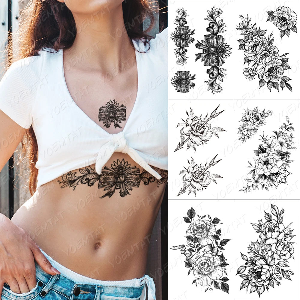 

Lace Black Bow Temporary Tattoo Sticker For Men Women Adult Rose Flower Peony Waterproof Fake Henna Old School Body Art Tatoo