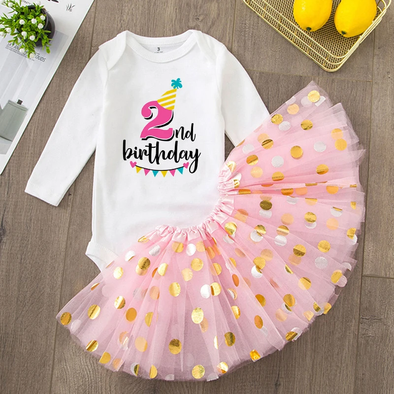 Baby Girls 1st & 2nd Birthday Outfit Romperc Cake Dress Birthday Party Shirt Tutu + Baby Bodysuits Set Girl Jumpsuit Clothes