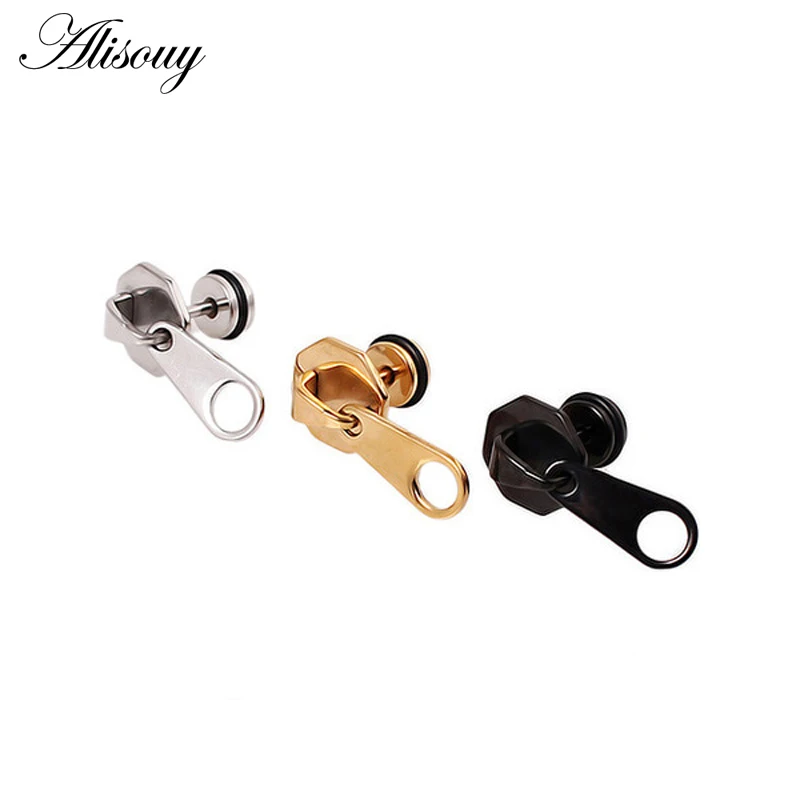 2pcs Zipper Zip Punk Rock Style Ear Plug Barbell Bar Men Screw Stud Earring Jewelry