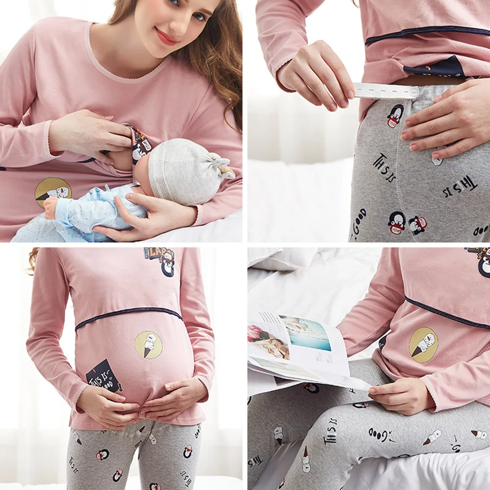 Woman Maternity Sleepwear Cotton Nursing Breastfeeding  Top +Adjustable Pregnant Pants johns Pajamas Set Nightgown Clothes