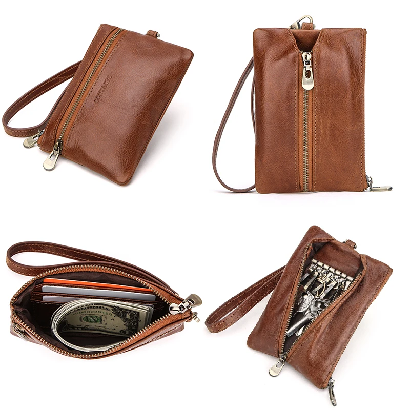 CONTACT'S Echtem Leder Schlüssel Ring Fall Kleine Geldbörse Zipper Tasche Multifunktions Auto Schlüssel Kette Schlüssel Veranstalter Haushälterin