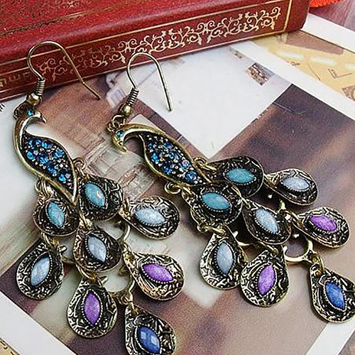 HOT SALE!!! 1 Pair Fashion Women Vintage Bohemian Style Peacock Drop Hook Earrings Body Piercing Dangle Ear Studs Jewelry Ethnic