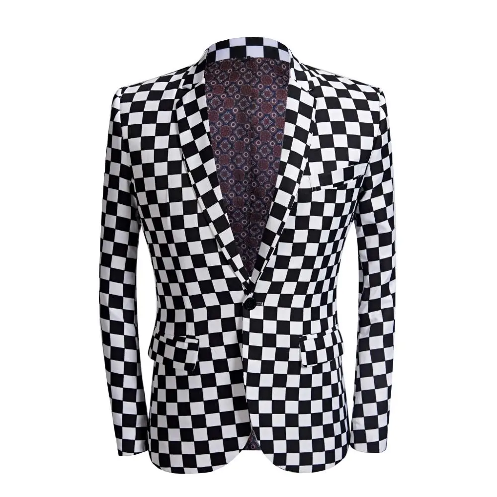 Men's Black And White Checkered Printed Suit Men Slim Fit  Suit Set Blazers Singer Costume Mariage Casual Night Party Bar Coat