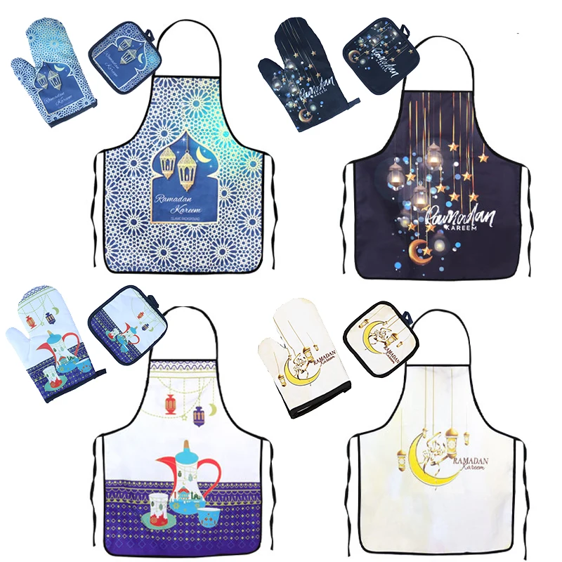 Ramadan Kareem Apron Eid Mubarak Baking Anti-Hot Gloves Pad Kitchen Muslim Islamic Party Ramadan Decoration For Home Eid Al-Adha