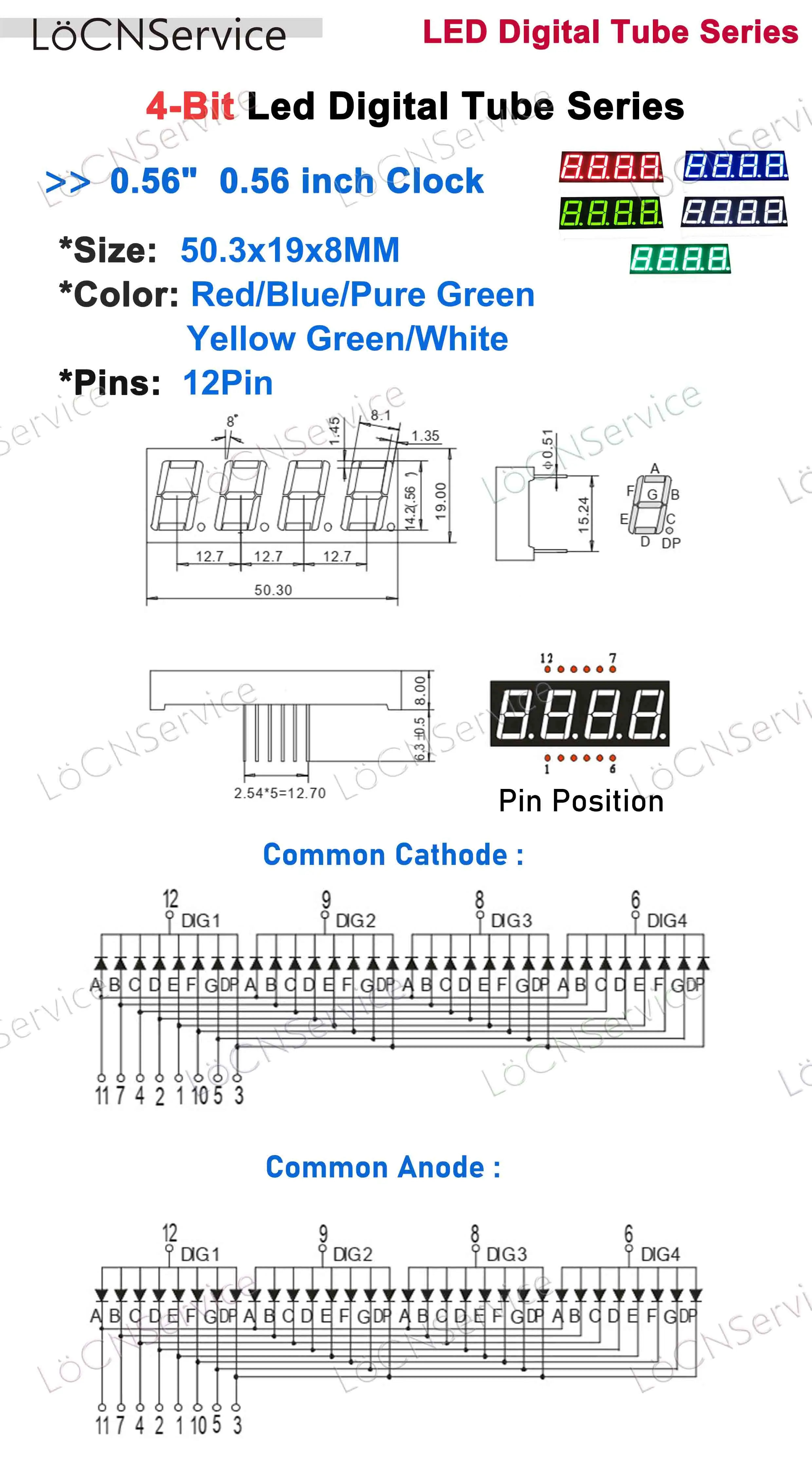 0.56 Inch Màn Hình LED Hiển Thị Kỹ Thuật Số Ống 4bit Đỏ Xanh Trắng Vàng Xanh Nguyên Chất Phổ Biến Cực Âm Cực Dương Cao Sáng Màn Hình Hiển Thị Đồng Hồ bộ 50