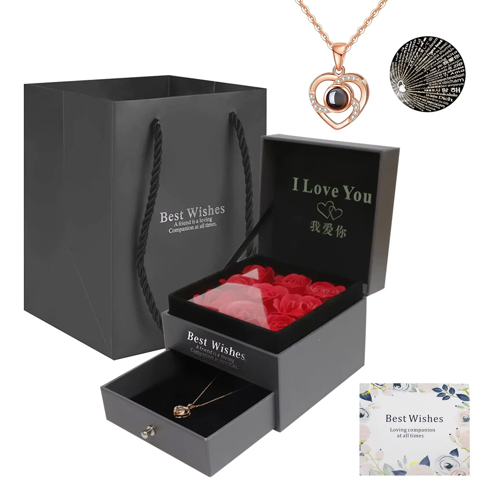 Preserved Real Rose with I Love You Necklace, 100 Languages Jewelry Gift Box, Handmade Eternal Flower for Wedding and Birthday