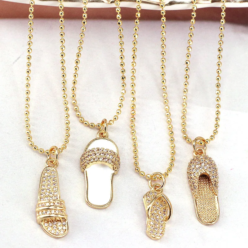 10Pcs Cute Gold Plated Enamel Cz Zircon Micro Pave Slipper Pendant Necklace Charms