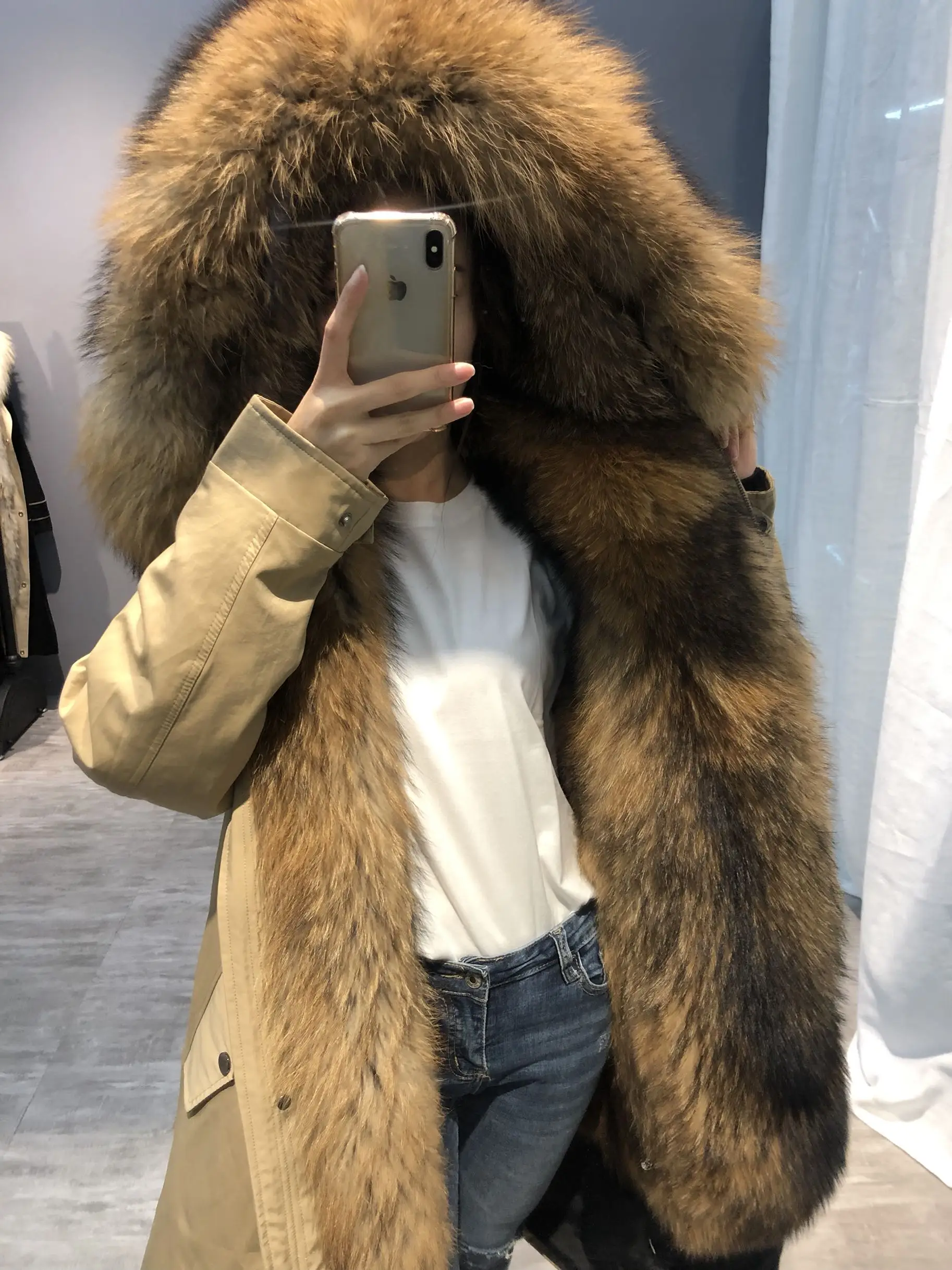 Lavelache Winter Women Real Mink Fur Coat Super Big Raccoon Fur Collar Hooded Jacket Long Thick Warm Detachable Parka