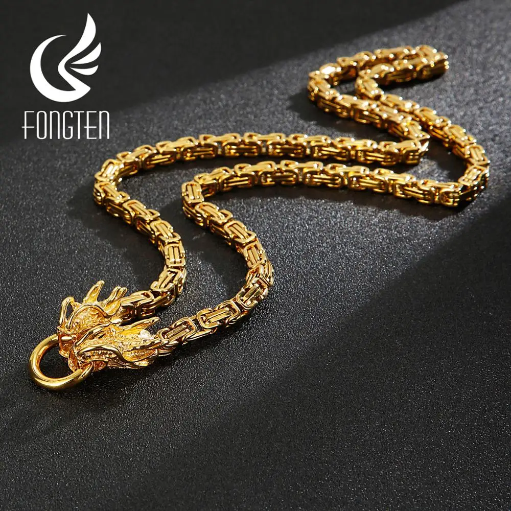 Fongten Double Dragon Charm Pendant Necklace Stainless Steel Square Box Chain Long Necklaces Choker Men Multiple Color Jewelry