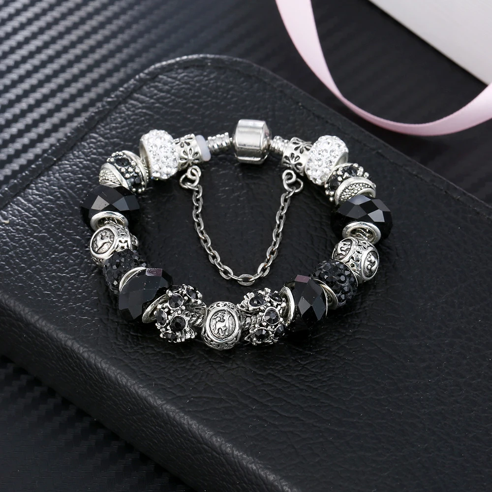 2020 New 12 Constellation Bracelet Woman Pandora Charm Crystal Glass Alloy Big Bead Bracelet Fashion Jewelry