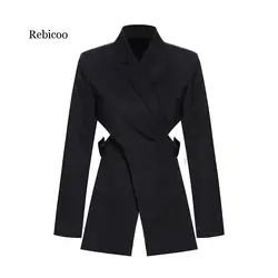 Patchworkowy w stylu Casual kobiety Blazer ząbkowany z długim rękawem wysokiej talii bez talii nieregularne garnitury kobieta modna odzież nowy