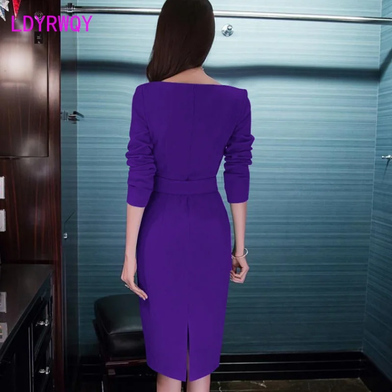 LDYRWQY Dresses for fall/winter new style purple long-sleeved temperament ladies slim bag hip women Office Lady