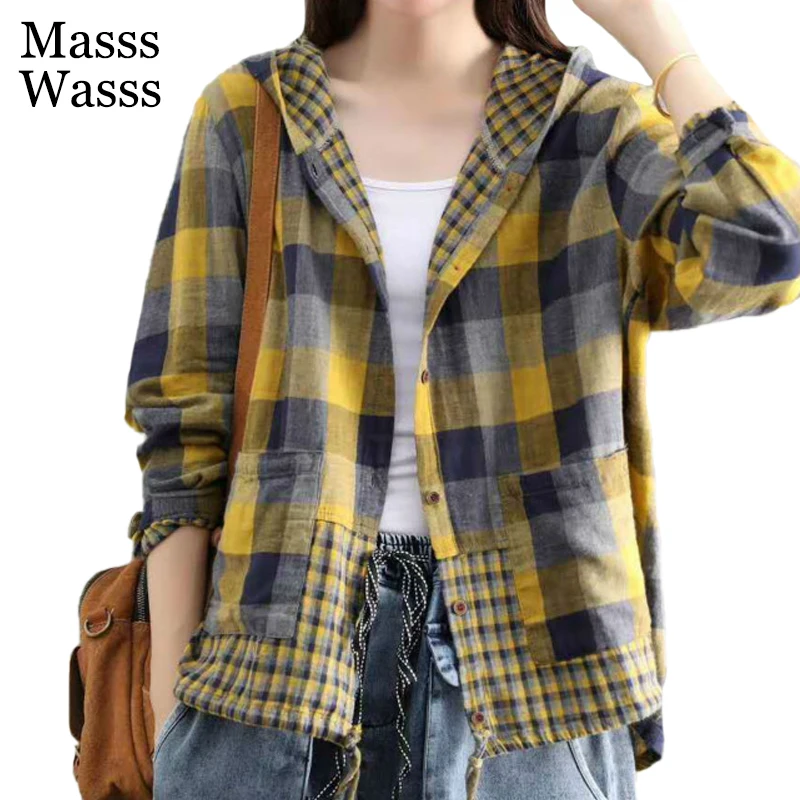 Masss Wasss Brand 2024 Spring Fashion Linen Tops Females Vintage Plaid Blouses Womens Loose Hooded Shirts Ladies Casual Clothes