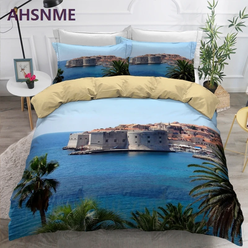 AHSNME Ocean Port Bedding Set Digital Print Duvet Cover Leisure Life Harbor Croatia King Queen Double Quilt Cover Sets