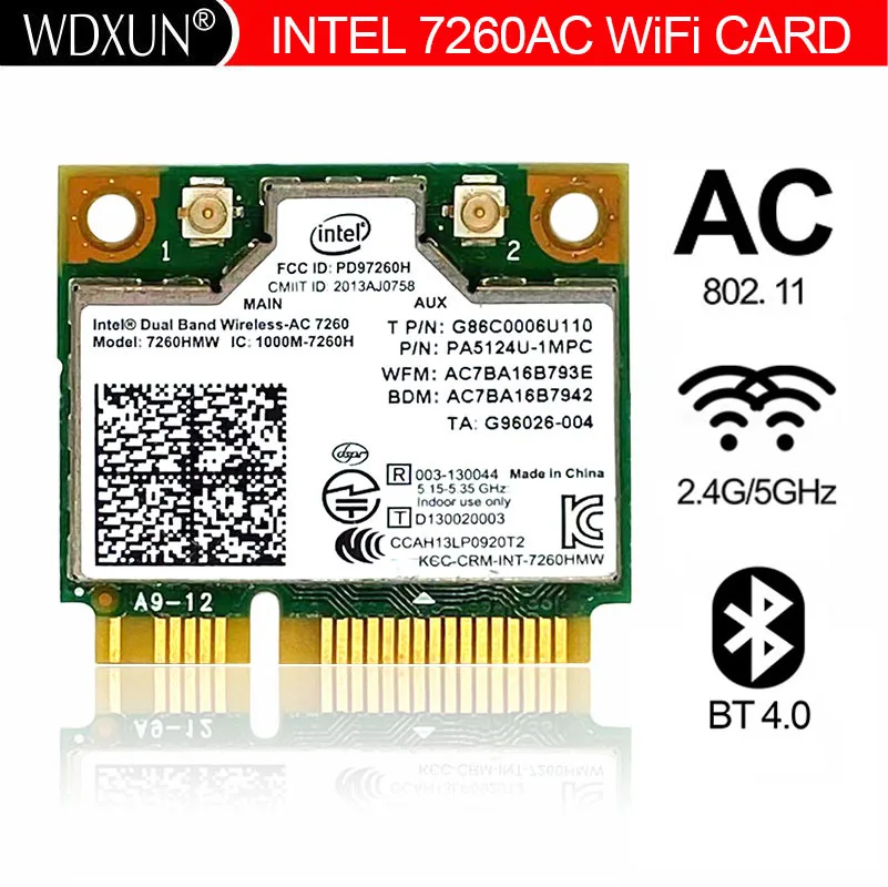 

New Dual Band Wireless-AC 7260 Intel 7260HMW 7260AC 2.4G/5Ghz 802.11ac MINI PCI-E 2x2 WiFi Card + Bluetooth 4.0 Wlan Adapter