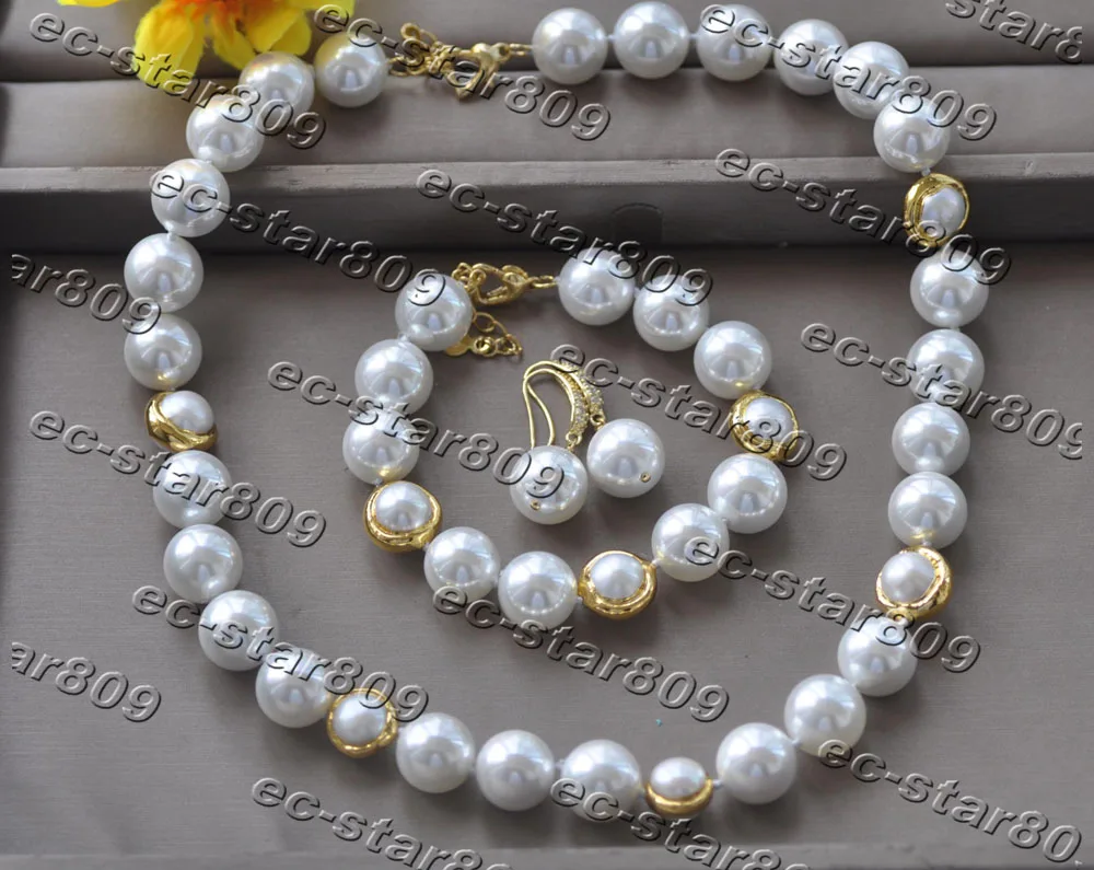 Z11304 Set 20" 14mm White Round South Sea Shell Pearl Necklace Bracelet Earring Women Fasion Jewelry view 3