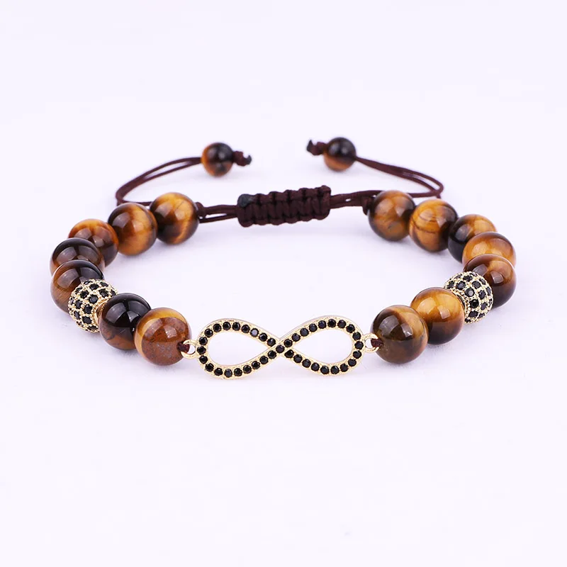 

High Quality New Design CZ Pava BAll Infinity Charm Natural Stone Tiger Eye Men Jewelry Bracelet For Men's Gift