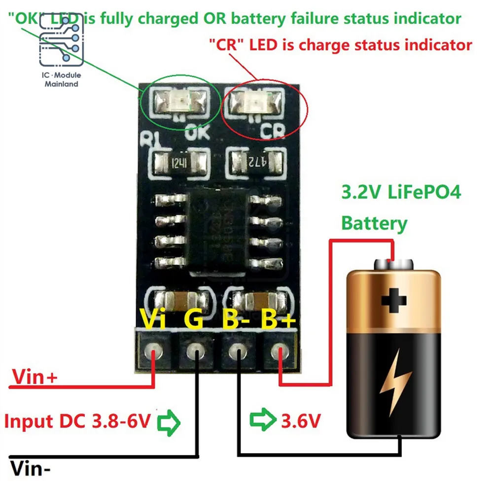 LIFECRMA 3.2V/3.6V Lithium Iron Phosphate Battery Charger Module Overvoltage Protection Automatic Recharge Low-Power Sleep Mod