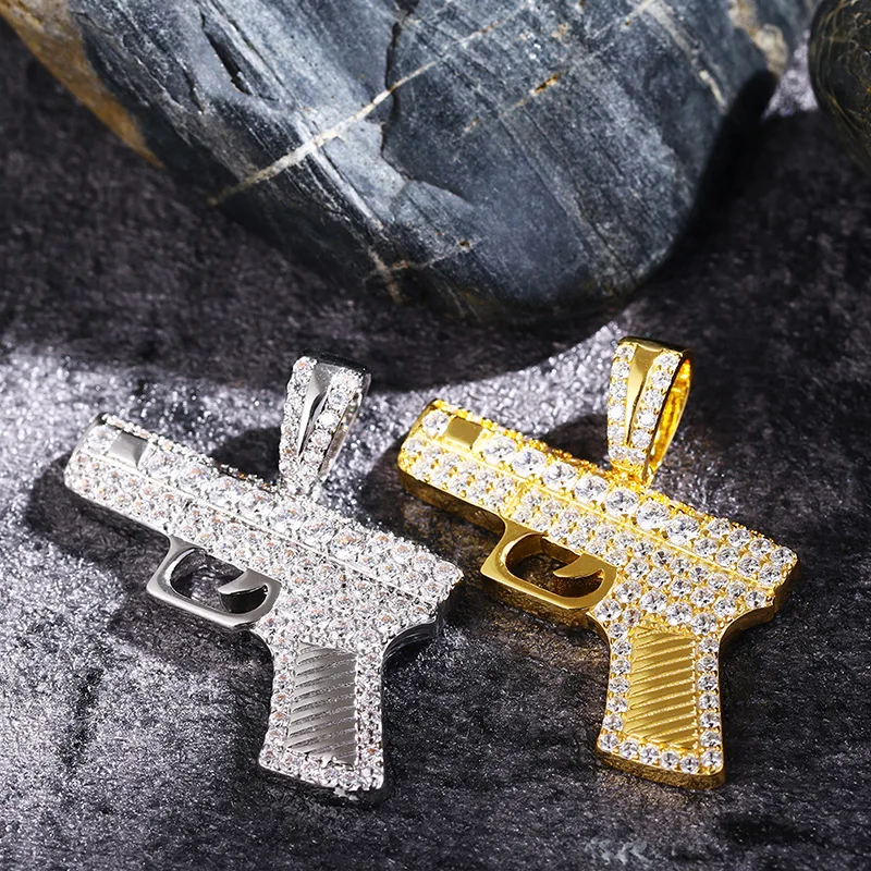 Hip Hop Prong Setting AAA CZ Stone Bling Ice Out CSGO Automatic Pistol Gun Pendants Necklace for Men Rapper Jewelry