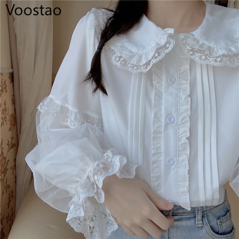 Japanese Sweet Lolita Style Blouses Girls Cute Lace Ruffles White JK Shirts Women Preppy Chic Kawaii Long Sleeve Blusas Mujer