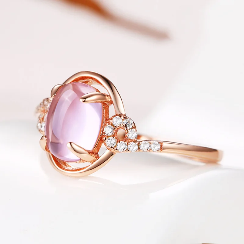 Trendy Ring Silver 925 Jewelry with Oval Rose Quartz Zircon Gemstone Rose Gold Color Finger Rings for Women Wedding Party Gifts