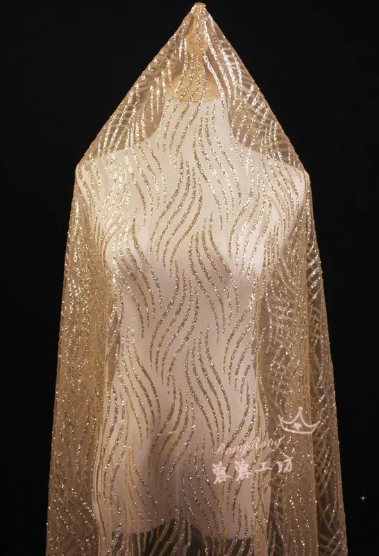 GLace 1Y/lot Gold striped sequined mesh sewing fabric for wedding dress DIY handmade material TX1448