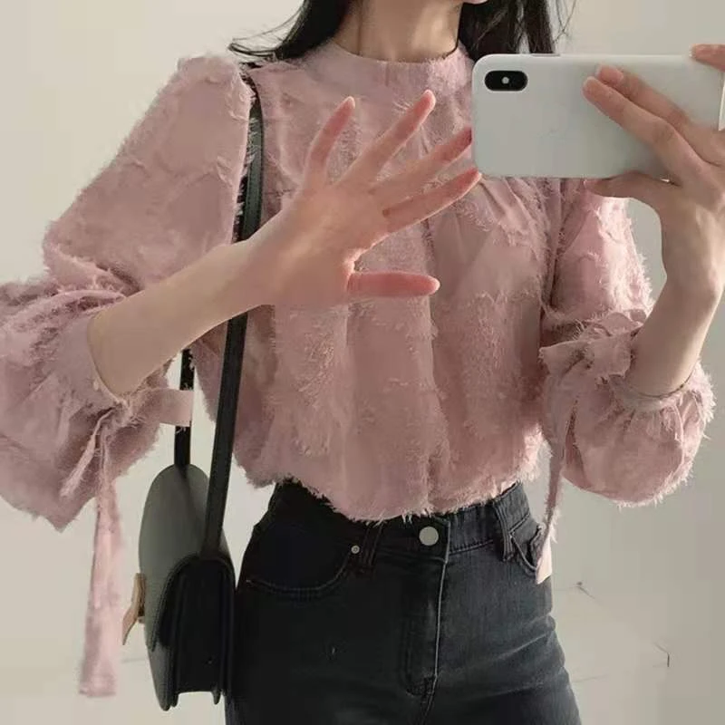 Spring Autumn 2021 New Women's Blouse and Tops Korea Chic Pink Stand Collar Loose Tassel Raw Edge Design Sense Niche Shirt 16130