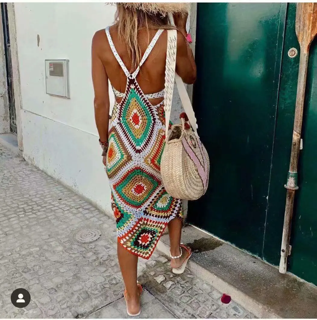 TEELYNN boho sexy deep v neck backless midi crochet strap breach dress 2020 hand made Colored women dresses vestidos swim tunic