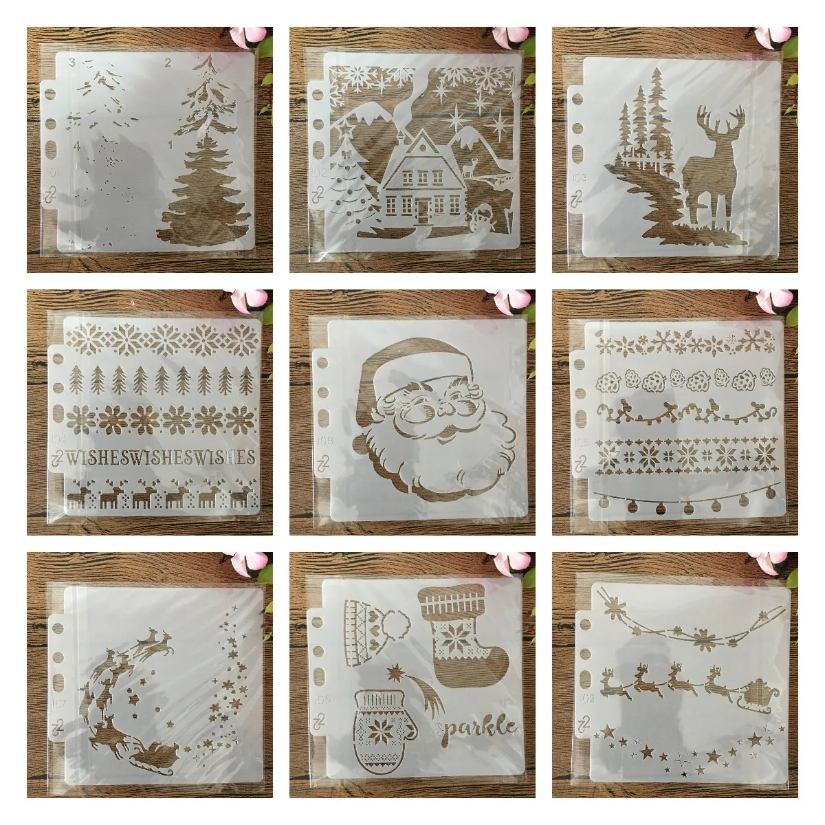 9Pcs/Lot 13cm Christmas Santa Clause DIY Layering Stencils Painting Scrapbook Coloring Embossing Album Decorative Template