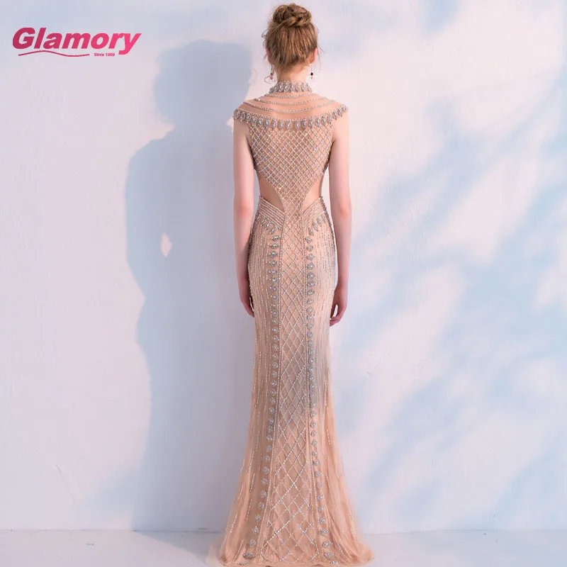 Sexy Meerjungfrau Prom 2020 Licht Gold High Neck Ärmel Schweren Friesen vestido de festa Formale Partei Kleid