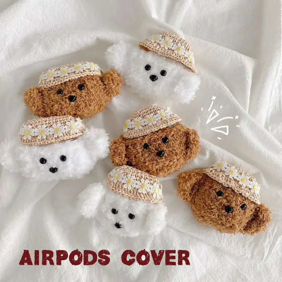 Plush straw hat Teddy Bear Case for Apple Airpods 1 2 pro Bluetooth Earphone Charge Case Protective Cases Skin Accessories