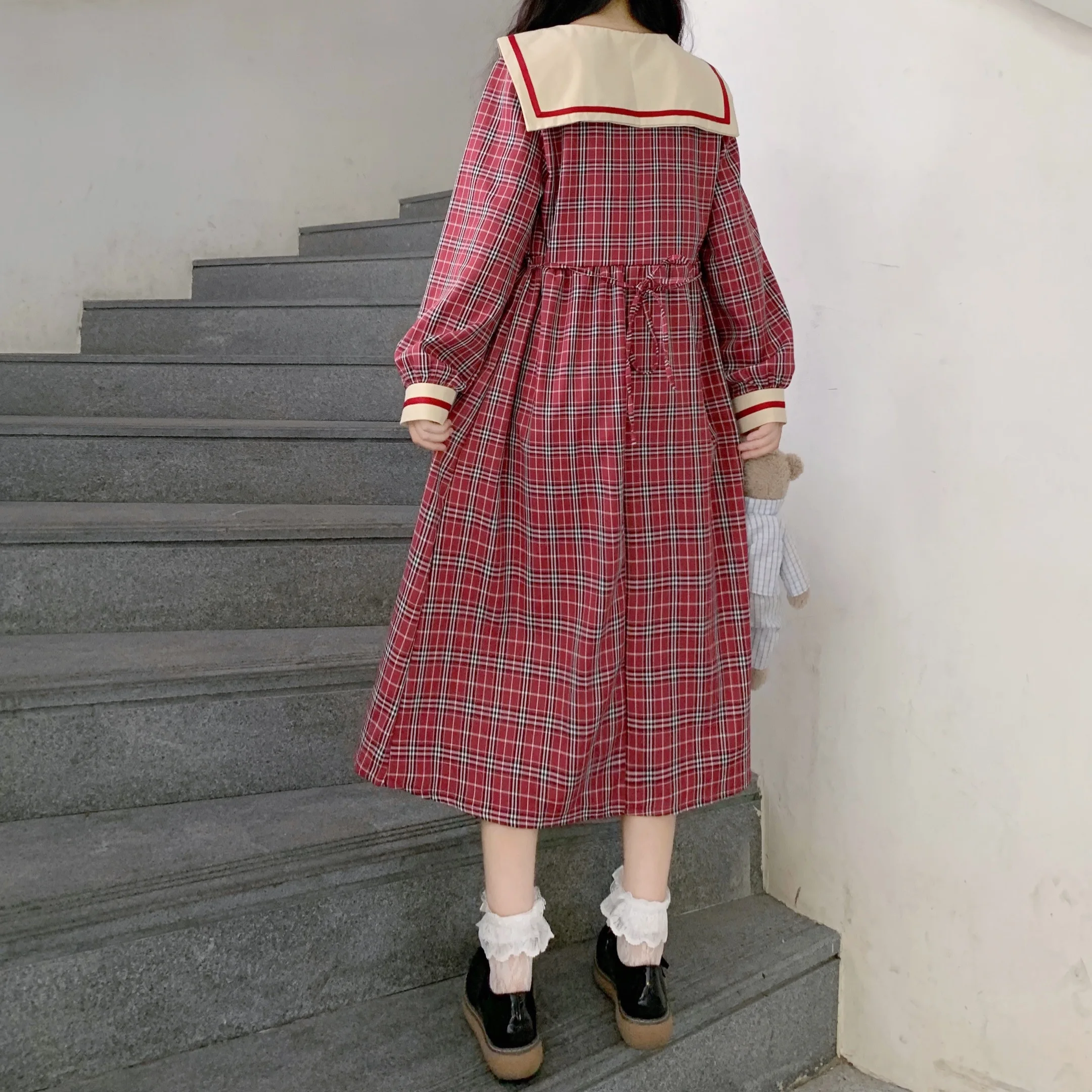 JK – robe d'automne à col de marin pour femmes, manches longues, taille haute, Slim, à carreaux, Style collège japonais