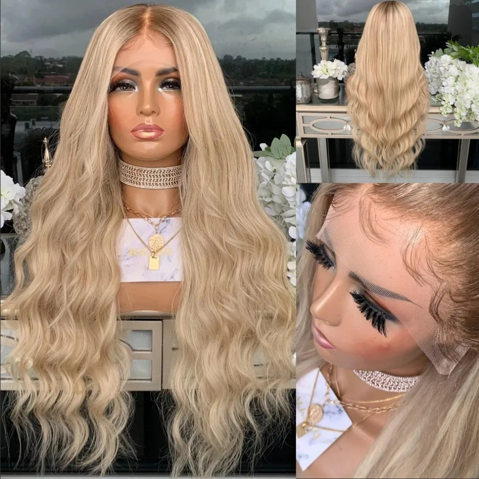 

Synthetic Ombre Blonde 180% Density Wavy Straight Lace Front Wig For Black Women Preplucked 26 Inch Long Heat Resistant Babyhair