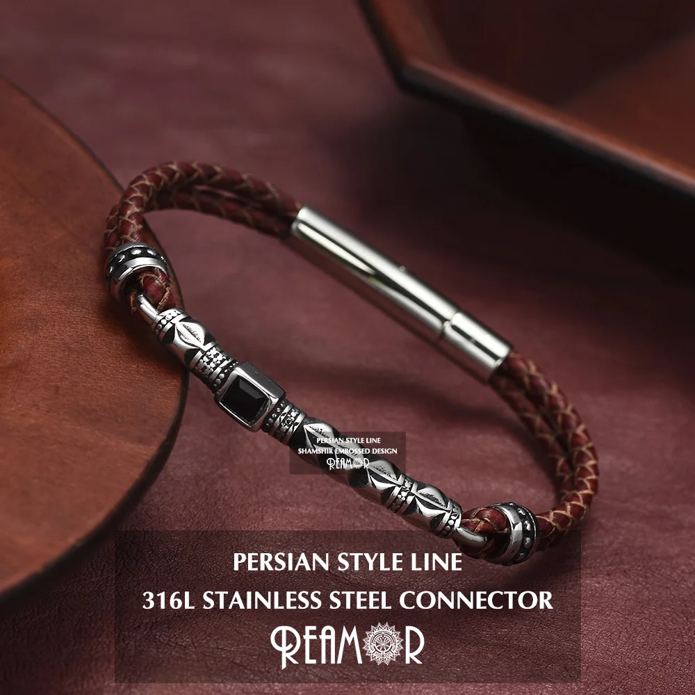 REAMOR Luxury Zircon Persian Courage Sword Knot Spiral Stainless Steel Magnetic Clasp Brown Cowhide Leather Men Women Bracelets