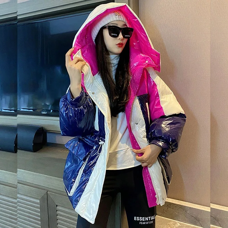 Imagem -05 - Cabolsa Acolchoado de Algodão Brilhante Feminino Parkas com Capuz Outwear Quente Costura de Cores Contrastantes Laranja e Rosa Gola Alta Feminina Inverno