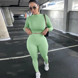 2021 New Spring Women Solid Seamless Suit Sets Long Sleeve Crop Tops High Waist Leggings Gym Workout Clothes 2 Piece Tracksuit