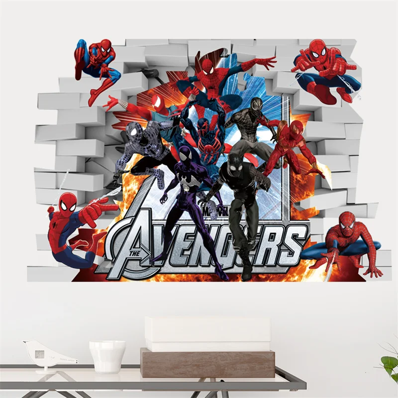 3D Spiderman Avenger Wall Stickers For Kids Room Decoration Home Bedroom PVC Decor  Marvel  Movie Mural Wall Art Decals