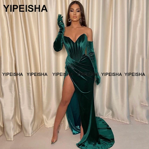 Imagen 2 del producto Yipeisha-vestido de fiesta de terciopelo para mujer, traje de noche de terciopelo con abertura alta, color verde esmeralda, estilo sirena, para invierno, 2024