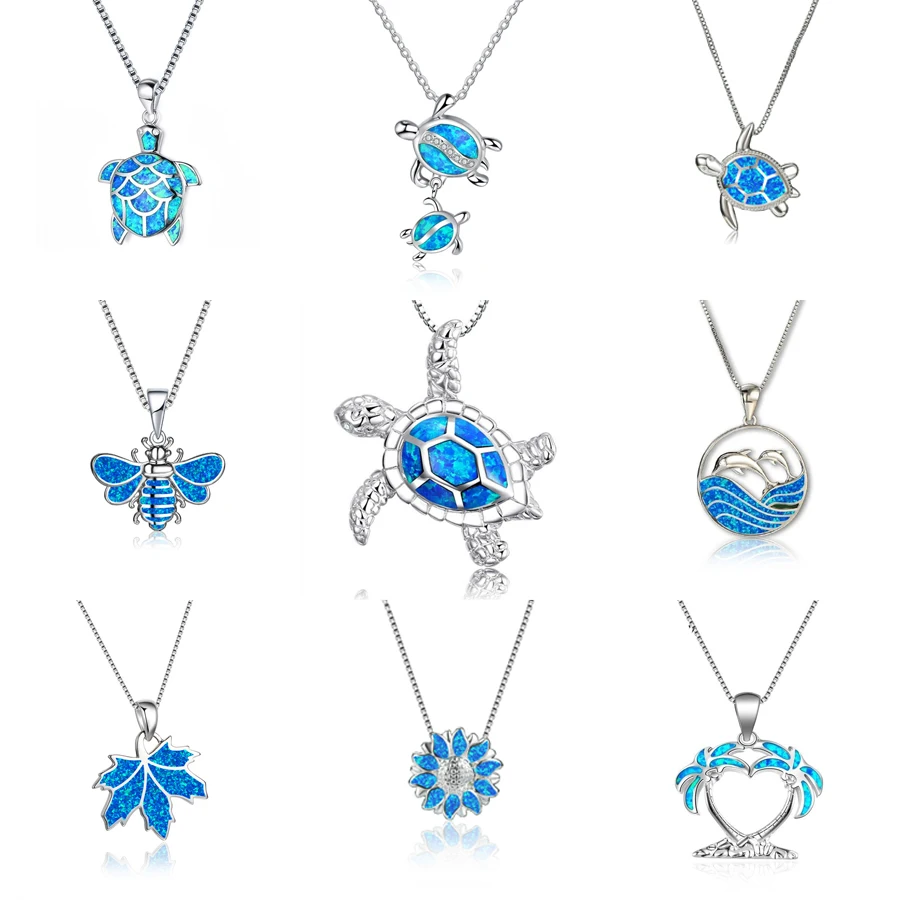 Bohemia Blue Imitation Opal Cute Bee Animal Pendant Necklace For Women Charm Crystal Sun Flower Necklaces Jewelry for Women