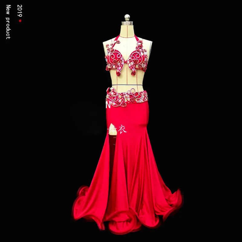 NEW Belly Dance Cothes! Women Performance Show Set Belly Dance Luxury Bra+ Split Skirt+belt 3pcs Handmade Belly Dance Set